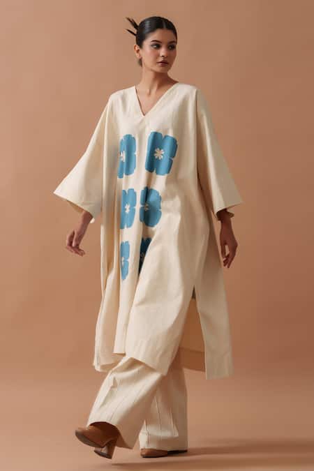 Shop_Stoique_Beige Handwoven Cotton Printed Handblock V Neck Marigold Floral Hand Tunic _Online_at_Aza_Fashions