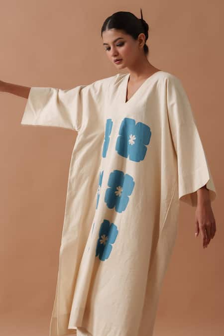 Stoique_Beige Handwoven Cotton Printed Handblock V Neck Marigold Floral Hand Tunic _at_Aza_Fashions