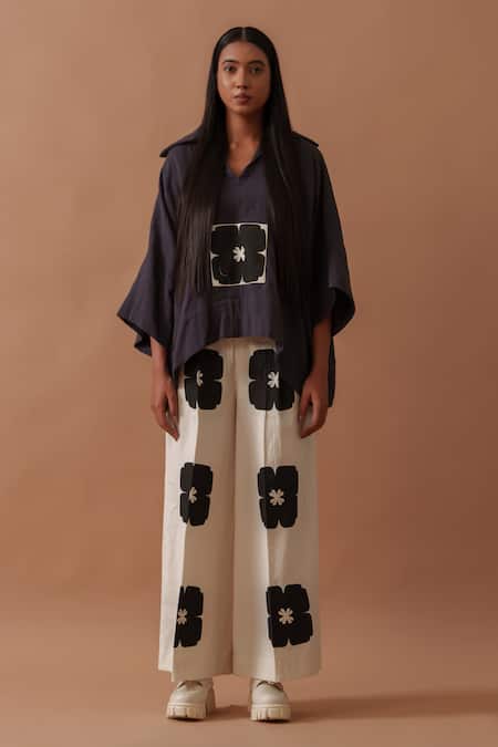 Stoique_Purple Cotton Applique Collared Monk Oversized Hand Block Print Top _Online_at_Aza_Fashions