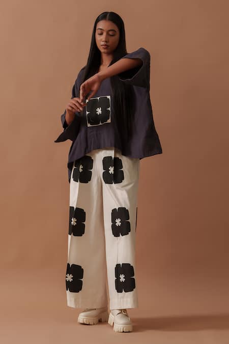 Buy_Stoique_Purple Cotton Applique Collared Monk Oversized Hand Block Print Top _Online_at_Aza_Fashions