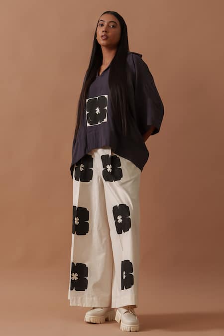 Shop_Stoique_Purple Cotton Applique Collared Monk Oversized Hand Block Print Top _Online_at_Aza_Fashions