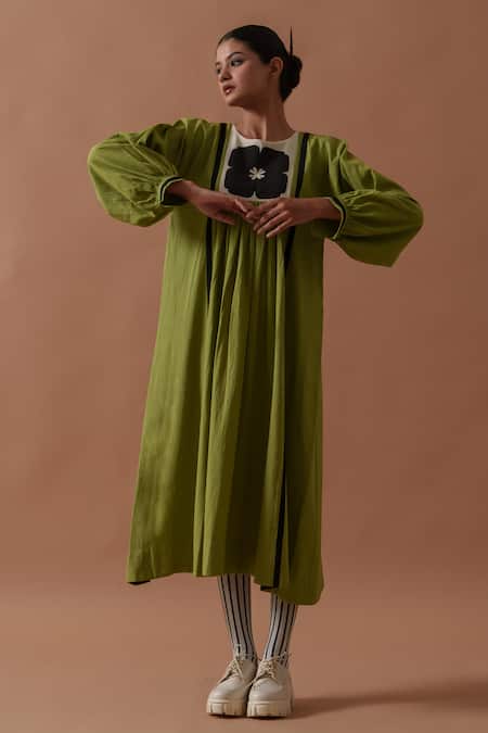 Stoique_Green Handloom Cotton Embroidery Round Neck Floral Hand Block Print Dress _Online_at_Aza_Fashions