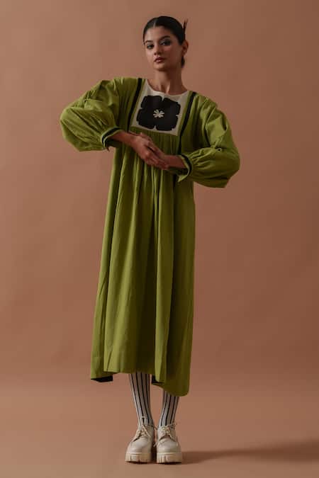 Shop_Stoique_Green Handloom Cotton Embroidery Round Neck Floral Hand Block Print Dress _Online_at_Aza_Fashions