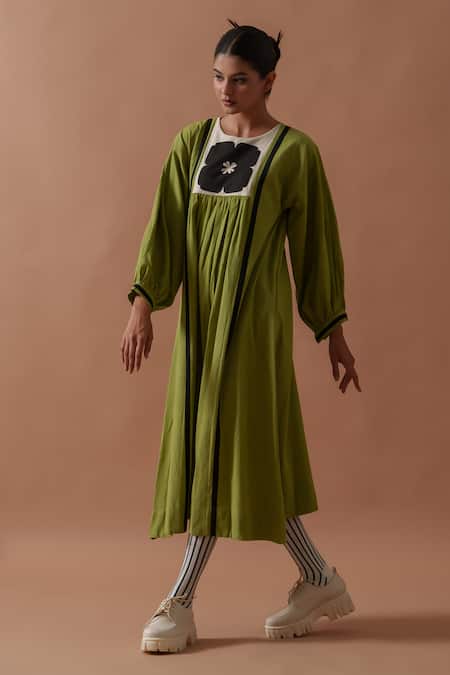 Stoique_Green Handloom Cotton Embroidery Round Neck Floral Hand Block Print Dress _at_Aza_Fashions