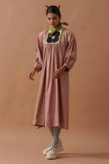 Stoique_Pink Cotton Embroidery Round Neck Hand Block Print Midi Dress _Online_at_Aza_Fashions