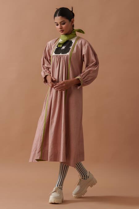 Buy_Stoique_Pink Cotton Embroidery Round Neck Hand Block Print Midi Dress _Online_at_Aza_Fashions