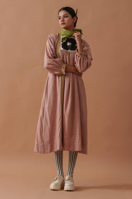 Shop_Stoique_Pink Cotton Embroidery Round Neck Hand Block Print Midi Dress _Online_at_Aza_Fashions