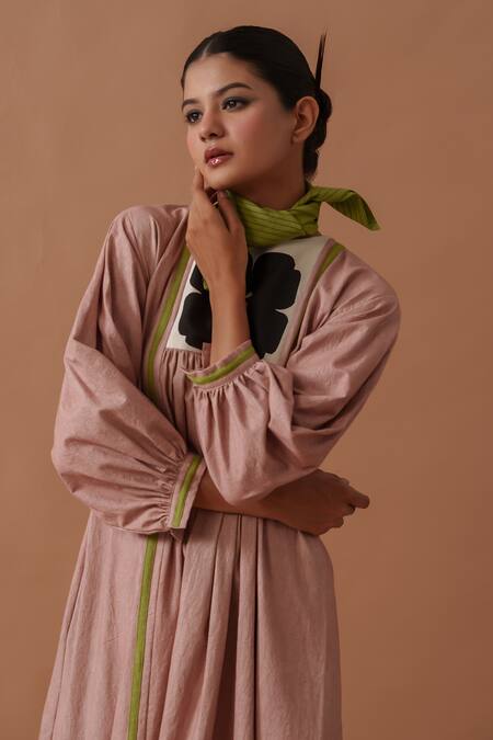 Stoique_Pink Cotton Embroidery Round Neck Hand Block Print Midi Dress _at_Aza_Fashions