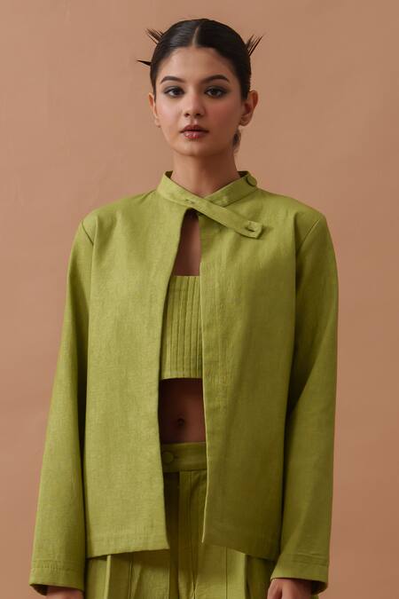Buy_Stoique_Green Handloom Cotton Collared Sunflower Elongated Jacket _Online_at_Aza_Fashions