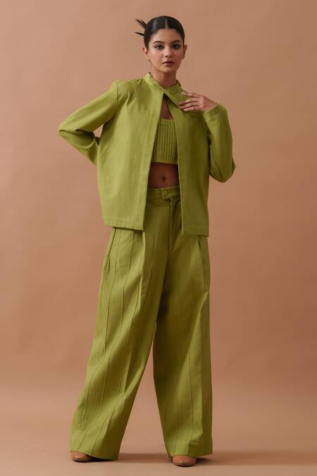 Shop_Stoique_Green Handloom Cotton Collared Sunflower Elongated Jacket _Online_at_Aza_Fashions