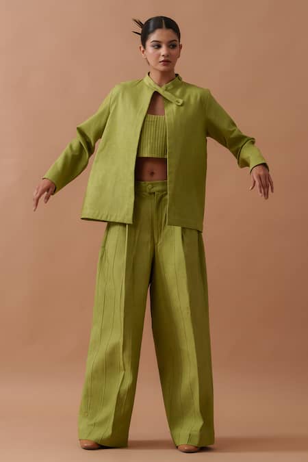 Stoique_Green Handloom Cotton Sunflower Boxy Fit Pintucked Pant _at_Aza_Fashions