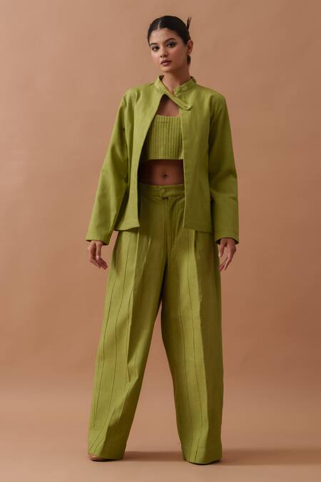 Buy_Stoique_Green Handloom Cotton Sunflower Boxy Fit Pintucked Pant 