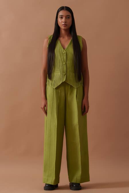 Stoique_Green Handloom Cotton V-neck Sunflower Pleated Waistcoat _Online_at_Aza_Fashions