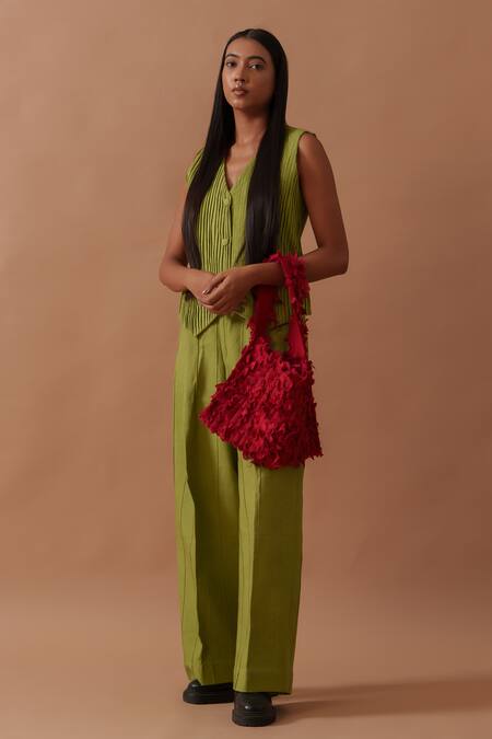 Stoique_Green Handloom Cotton V-neck Sunflower Pleated Waistcoat _at_Aza_Fashions