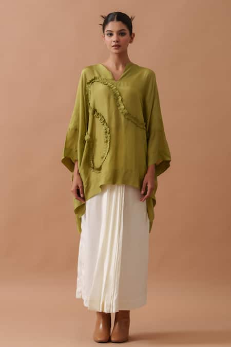 Stoique_Green Silk V-neck Flamingo Ruffled Swirl Top _Online_at_Aza_Fashions