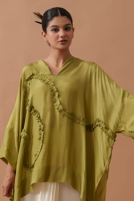Buy_Stoique_Green Silk V-neck Flamingo Ruffled Swirl Top _Online_at_Aza_Fashions