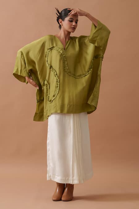 Shop_Stoique_Green Silk V-neck Flamingo Ruffled Swirl Top _Online_at_Aza_Fashions