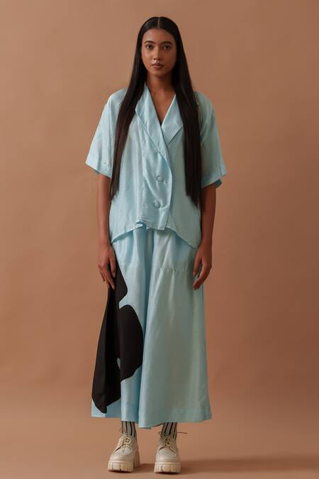 Stoique_Blue Mysore Silk Bloom Applique Gunpowder Blossom Flared Pant _Online_at_Aza_Fashions