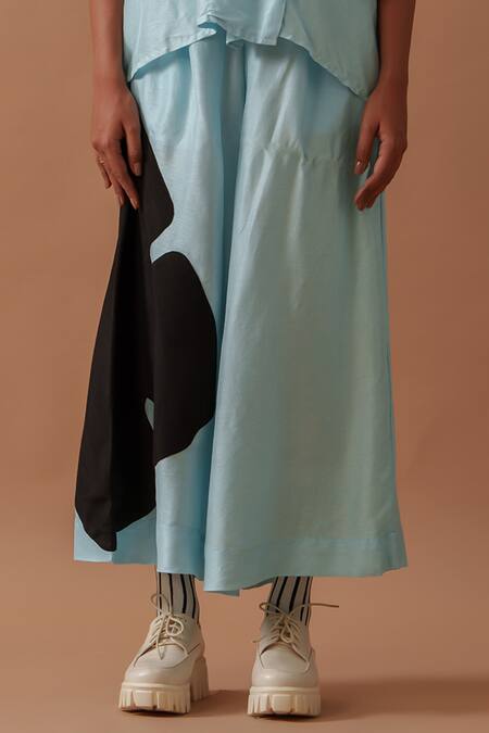 Buy Stoique Blue Mysore Silk Bloom Applique Gunpowder Blossom Flared Pant Online at Aza Fashions Buy_Stoique_Blue Mysore Silk Bloom Applique Gunpowder Blossom Flared Pant _Online_at_Aza_Fashions