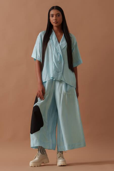 Shop_Stoique_Blue Mysore Silk Bloom Applique Gunpowder Blossom Flared Pant _Online_at_Aza_Fashions