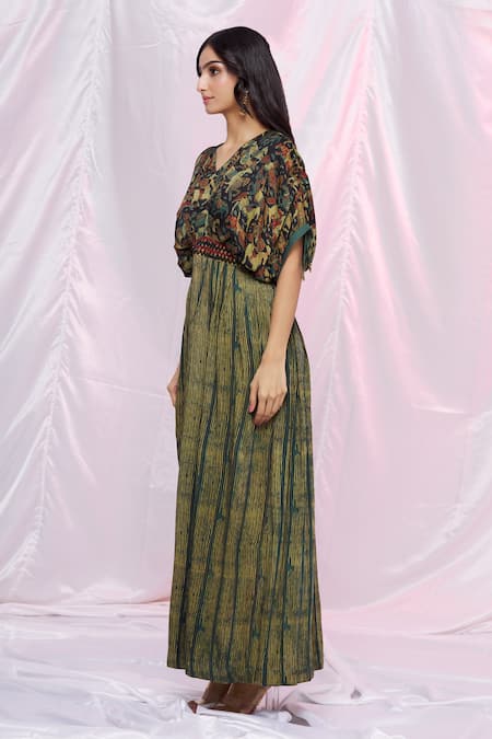 Punit Balana_Green Silk Satin Striped, Thread Work, Horse Print V Neck Maxi Kaftan Dress _at_Aza_Fashions