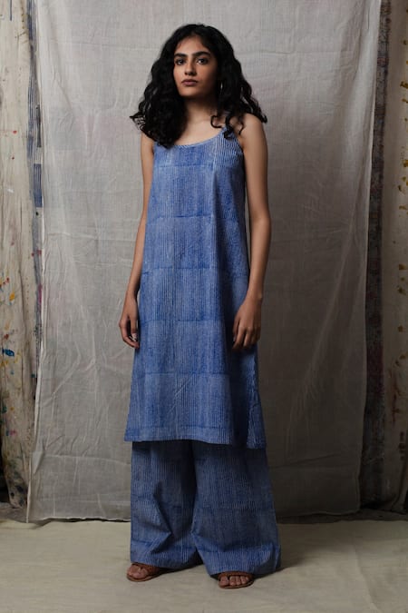 Shop Banana Labs Blue Cotton Stripe Round Print Kurta And Palazzo Set at Aza Fashions Shop_Banana Labs_Blue Cotton Stripe Round Print Kurta And Palazzo Set _at_Aza_Fashions