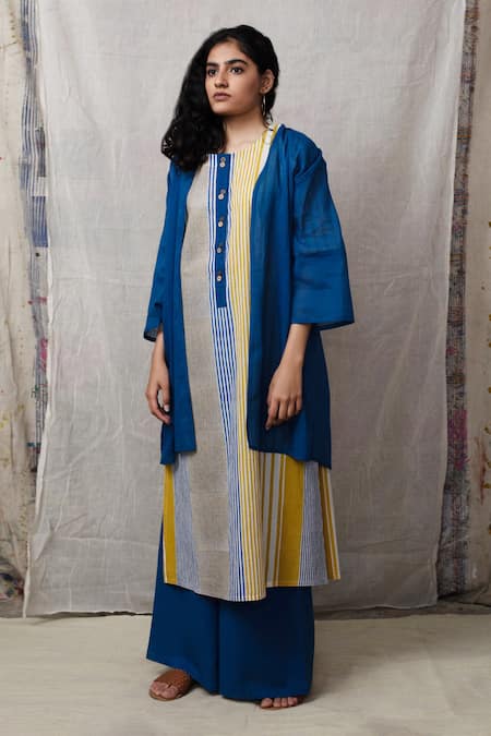 Shop Banana Labs Blue Cotton Stripe Round Printed Straight Kurta Set With Shrug at Aza Fashions Shop_Banana Labs_Blue Cotton Stripe Round Printed Straight Kurta Set With Shrug _at_Aza_Fashions