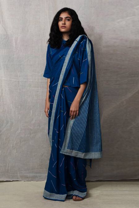 Shop_Banana Labs_Blue Cotton Print Sprinkle Hand Block Saree_at_Aza_Fashions