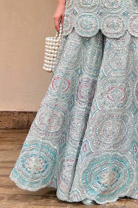 Shop Osaa By Adarsh Blue Organza Embroidery, Zari Round Neck Geometric Kurta Sharara Set Online at Aza Fashions Shop_Osaa By Adarsh_Blue Organza Embroidery, Zari Round Neck Geometric Kurta Sharara Set _Online_at_Aza_Fashions