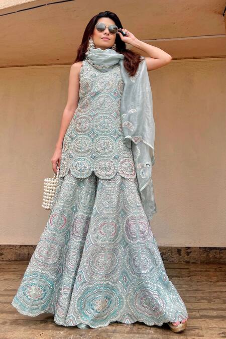 Osaa By Adarsh_Blue Organza Embroidery, Zari Round Neck Geometric Kurta Sharara Set _at_Aza_Fashions