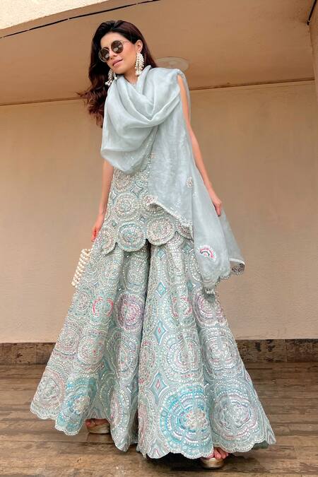 Buy_Osaa By Adarsh_Blue Organza Embroidery, Zari Round Neck Geometric Kurta Sharara Set 