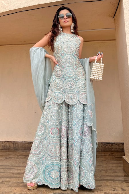 Shop Osaa By Adarsh Blue Organza Embroidery, Zari Round Neck Geometric Kurta Sharara Set Shop_Osaa By Adarsh_Blue Organza Embroidery, Zari Round Neck Geometric Kurta Sharara Set