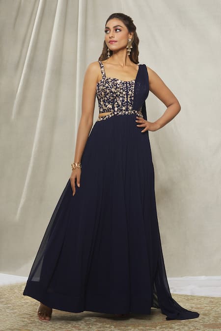 Alaya Advani Blue Georgette Hand Embroidered Sequin Sweetheart Neck Floral Yoke Saree Gown