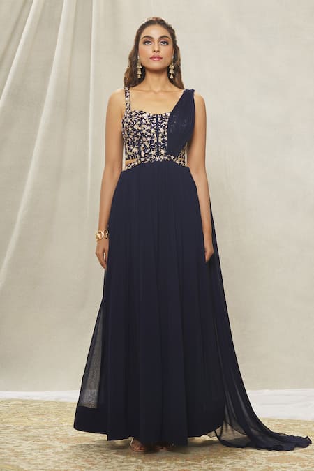 Aariyana Couture_Blue Georgette Sequins, Beads, Cut Work Navy Hand Embroidered Saree Gown _Online_at_Aza_Fashions