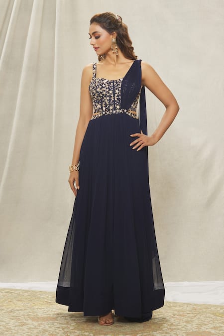 Buy_Aariyana Couture_Blue Georgette Sequins, Beads, Cut Work Navy Hand Embroidered Saree Gown _Online_at_Aza_Fashions