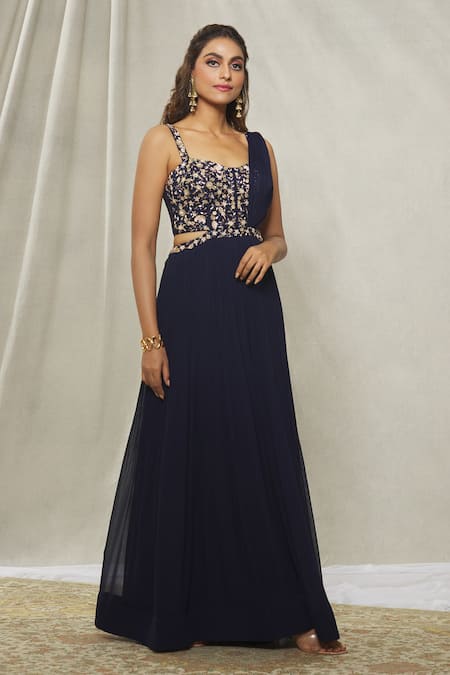 Shop_Aariyana Couture_Blue Georgette Sequins, Beads, Cut Work Navy Hand Embroidered Saree Gown _Online_at_Aza_Fashions