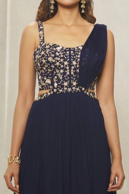 Aariyana Couture_Blue Georgette Sequins, Beads, Cut Work Navy Hand Embroidered Saree Gown _at_Aza_Fashions