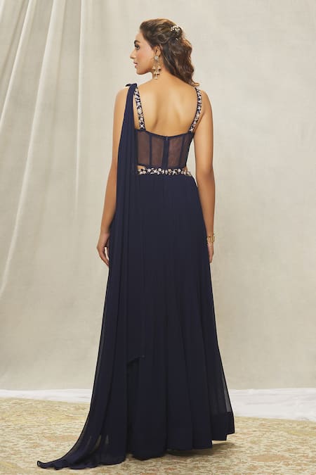 Aariyana Couture Navy Blue Hand Embroidered Saree Gown 