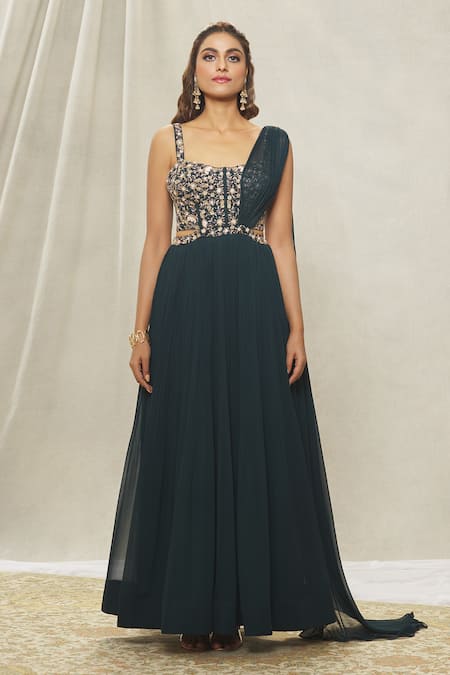 Aariyana Couture Green Georgette Sequins, Beads, Cut Work Sweetheart Hand Embroidered Saree Gown Online at Aza Fashions Aariyana Couture_Green Georgette Sequins, Beads, Cut Work Sweetheart Hand Embroidered Saree Gown_Online_at_Aza_Fashions