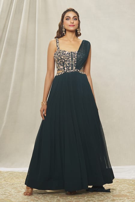 Buy Aariyana Couture Green Georgette Sequins, Beads, Cut Work Sweetheart Hand Embroidered Saree Gown Online at Aza Fashions Buy_Aariyana Couture_Green Georgette Sequins, Beads, Cut Work Sweetheart Hand Embroidered Saree Gown_Online_at_Aza_Fashions