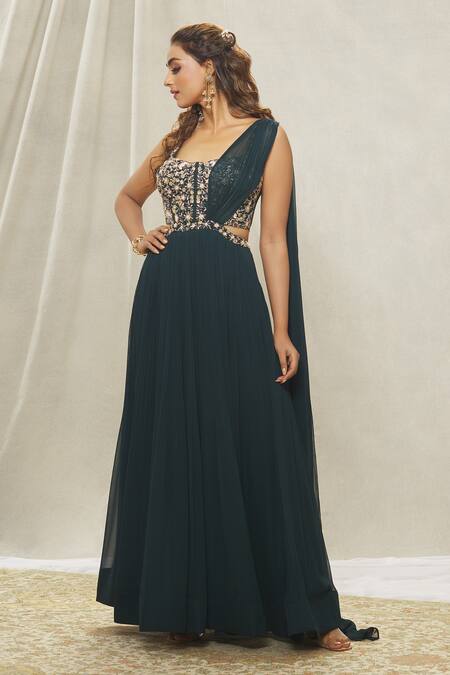 Shop Aariyana Couture Green Georgette Sequins, Beads, Cut Work Sweetheart Hand Embroidered Saree Gown Online at Aza Fashions Shop_Aariyana Couture_Green Georgette Sequins, Beads, Cut Work Sweetheart Hand Embroidered Saree Gown_Online_at_Aza_Fashions