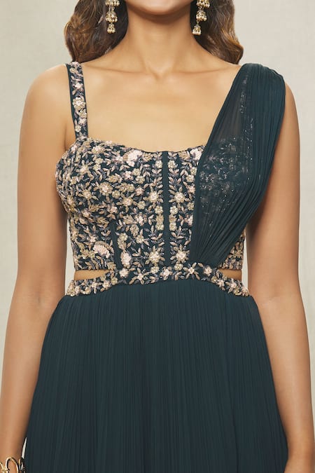 Aariyana Couture Green Georgette Sequins, Beads, Cut Work Sweetheart Hand Embroidered Saree Gown at Aza Fashions Aariyana Couture_Green Georgette Sequins, Beads, Cut Work Sweetheart Hand Embroidered Saree Gown_at_Aza_Fashions