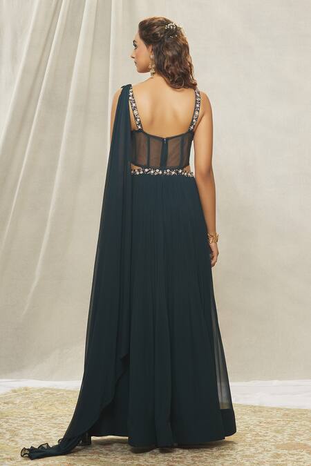 Shop Aariyana Couture Green Georgette Sequins, Beads, Cut Work Sweetheart Hand Embroidered Saree Gown at Aza Fashions Shop_Aariyana Couture_Green Georgette Sequins, Beads, Cut Work Sweetheart Hand Embroidered Saree Gown_at_Aza_Fashions