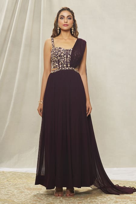 Aariyana Couture_Wine Georgette Bead Embroidered Yoke Saree Gown _Online_at_Aza_Fashions