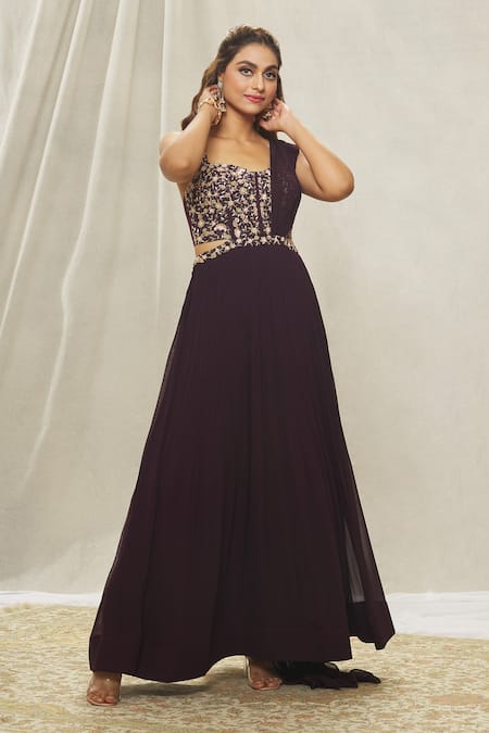 Buy_Aariyana Couture_Wine Georgette Bead Embroidered Yoke Saree Gown _Online_at_Aza_Fashions