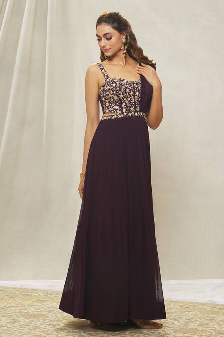 Shop_Aariyana Couture_Wine Georgette Bead Embroidered Yoke Saree Gown _Online_at_Aza_Fashions