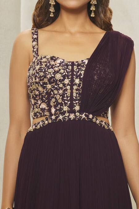 Aariyana Couture_Wine Georgette Bead Embroidered Yoke Saree Gown _at_Aza_Fashions