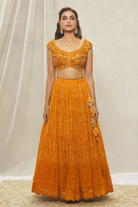 Aariyana Couture_Yellow Viscose, Georgette, Organza Floral Thread Embroidered Blouse Lehenga Set _Online_at_Aza_Fashions