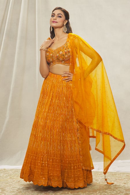 Buy_Aariyana Couture_Yellow Viscose, Georgette, Organza Floral Thread Embroidered Blouse Lehenga Set _Online_at_Aza_Fashions