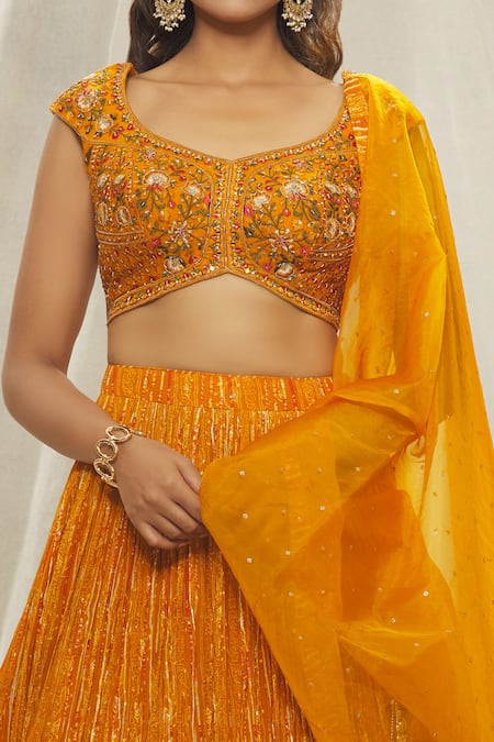 Shop_Aariyana Couture_Yellow Viscose, Georgette, Organza Floral Thread Embroidered Blouse Lehenga Set _Online_at_Aza_Fashions